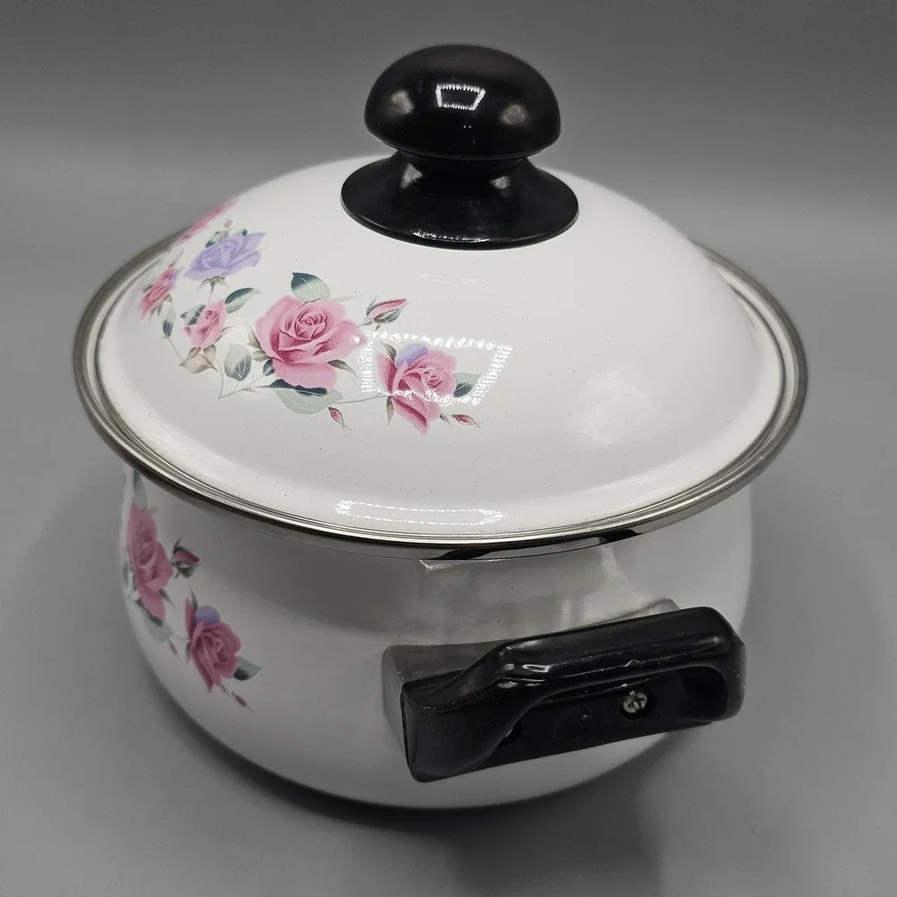 Vintage Roses Floral Flowers Enameled Sauce Pan Pot 1 Quart Grandmacore Cottage
